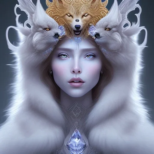 portrait of the most gorgeous, stunning, beautiful ice goddess with a large wolf, intricate crystal ice crown, large wolf, 8k resolution, large wolf, high-quality, fine-detail, ornate, digital art, detailed matte, volumetric lighting, brian froud, howard lyon, selina french, annie stokes, lisa parker, greg rutowski,