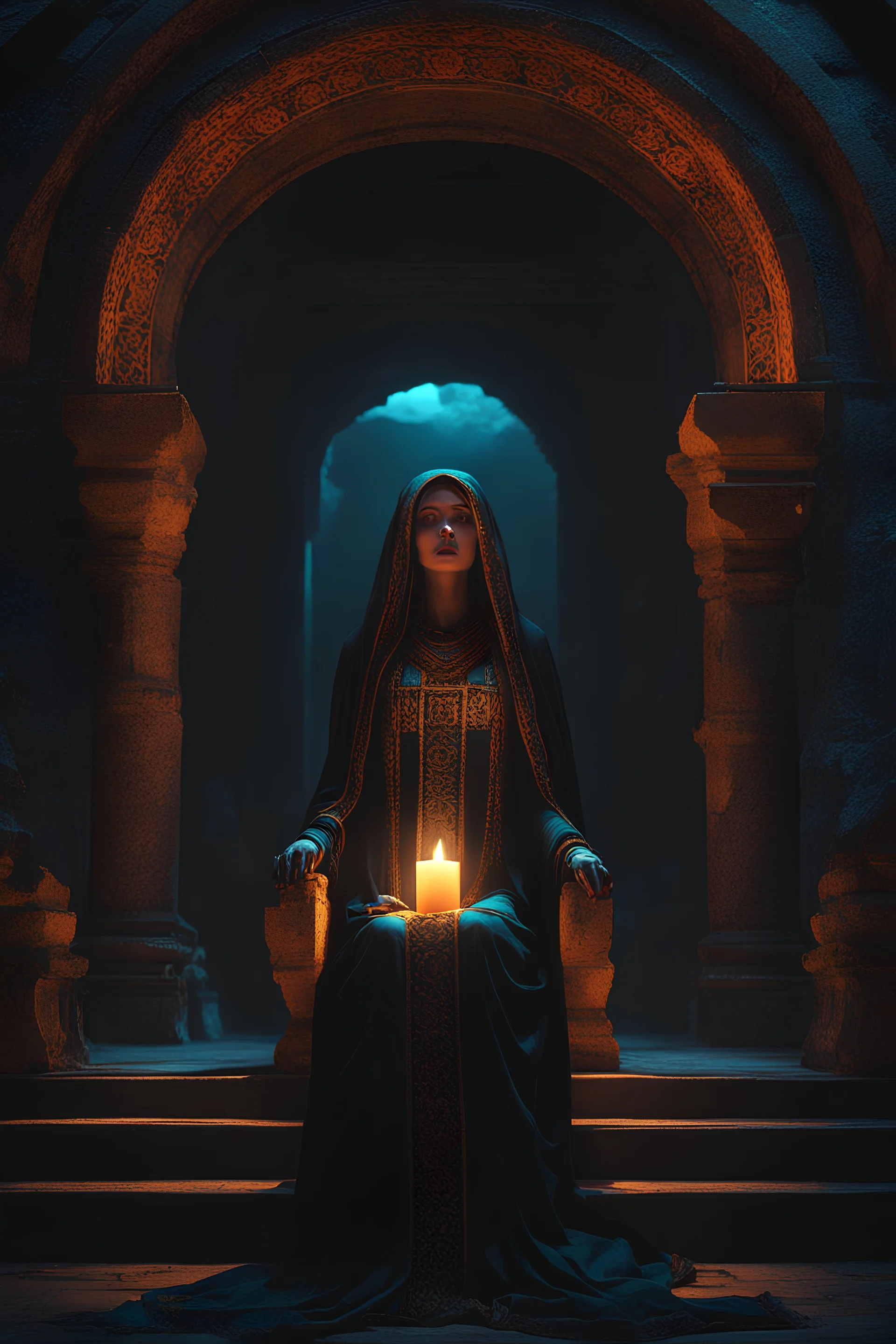 The high priestess of the god of death holding a sermon. tomb, tome, underground, ruin, temple. black light. Cinematic lighting, Volumetric, lighting, Epic color composition, the , octane render,