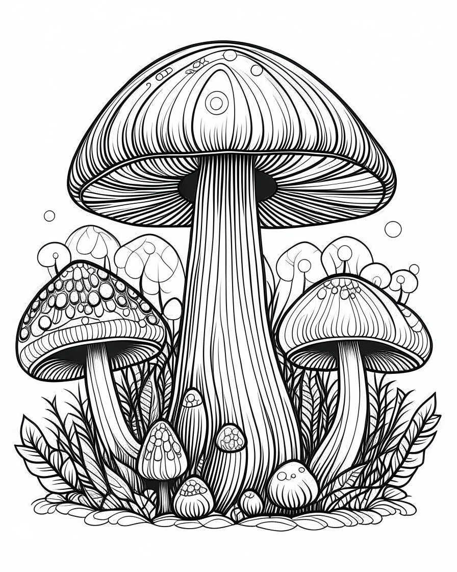 mushroom world minimalistic landscape. line art, background, vector, svg, coloring book page style, black outline on white background