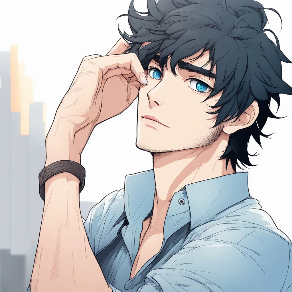 A headshot of a confident handsome man with messy black hair and blue eyes, wearing casual, modern attire, colored manga style, intricately detailed,