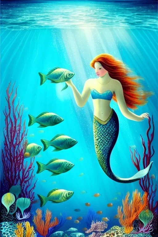 underwater scene, a mermaid, beautiful colors, fish, very fine detail, high quality, mystical, romanticism, intricate, Neo-Impressionism,