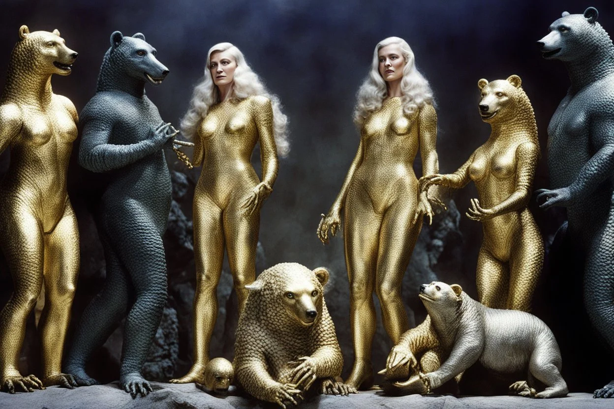 (crazy psychedelic high res photo by Ray Harryhausen) The first is tall, his skin gleaming like polished gold, with eyes that seem to reflect no light at all. The second is a woman with silver hair that writhes like serpents, her form shifting in and out of focus. The third bears no face at all, only a void where features should be, yet you can feel the intensity of its gaze boring into you like a physical force. These are not mere soldiers—they are embodiments of something darker, something tha