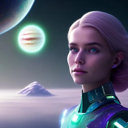 A portrait of a transparent crystalline girl,smiling, longs blond hairs, green eyes, galactic dress, atmospheric, realistic, cinematic lighting, octane render, purple and blue sky, nebula, stars, planets in background, spaceship in background