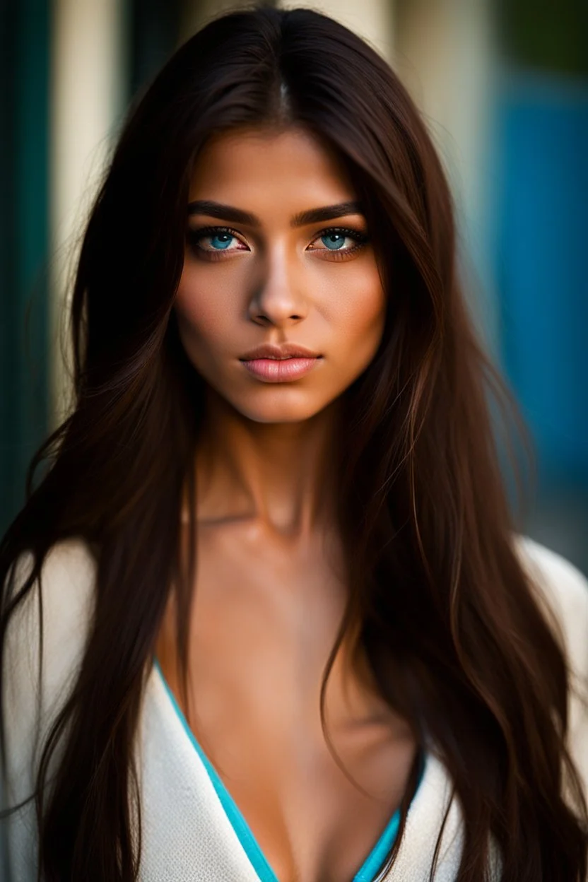 pretty18 year old girl with olive skin and long chocolate brown side swept hair. Blue eyes. bare shoulders,