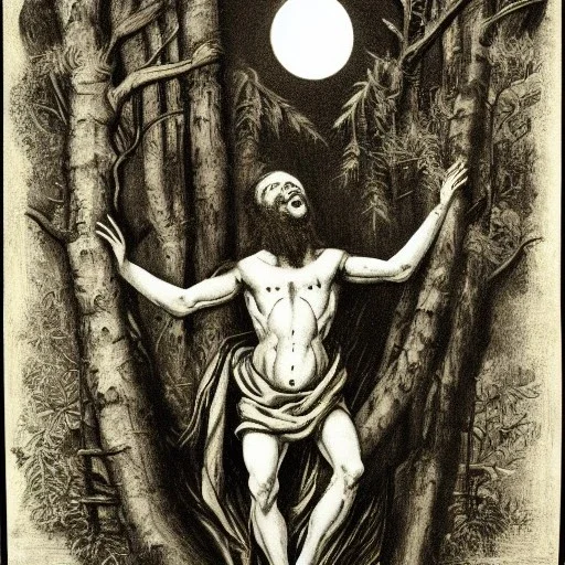 A Rotten Christ in a dark forest with a moon