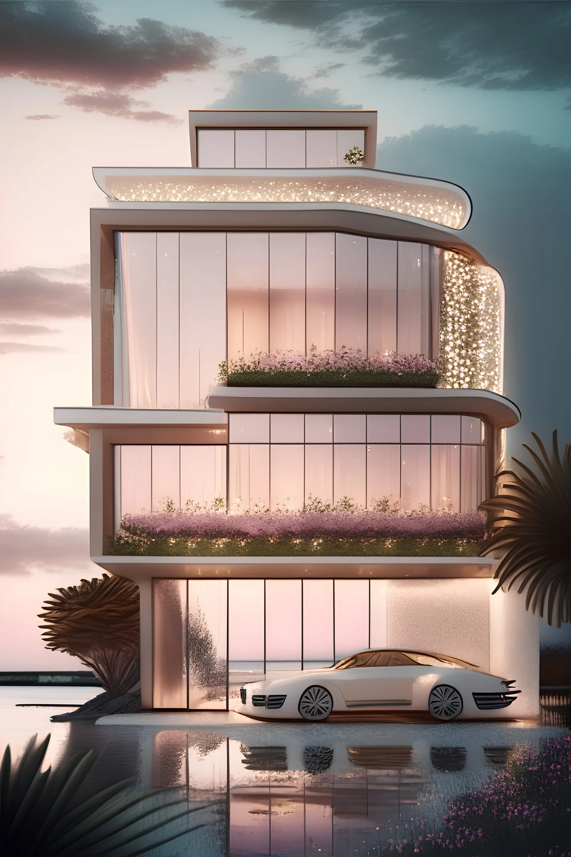 Modern villa on the sea, glass facades, with prosato, lights, flowers, and a car in beige color