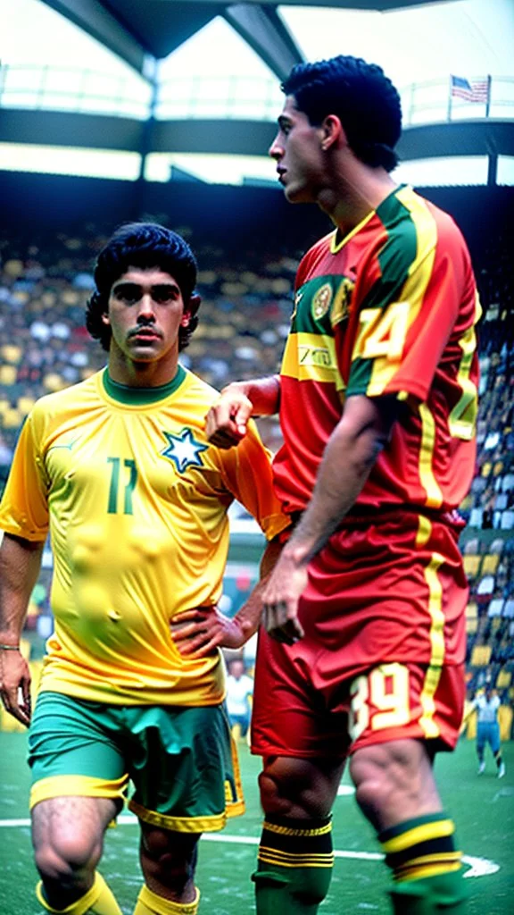 Maradona and Ronaldo Fenômeno Brasil . Use a high-resolution 16k camera with a 16:9 aspect ratio, a raw style, and a quality setting of 2. –ar 16:9 –v 5.2 –style raw –q 2 –s 750