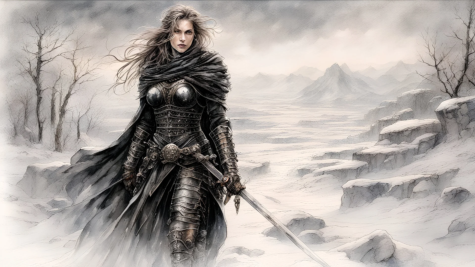 Hyper-photorealistic watercolor art style by Luis Royo , a warrior woman in black armor on the background of a cold snow-covered country, ice and crystal, frost and snow, hyperdetailed face, full body diagonal shot, encounters male bandits in dark fantasy countryside setting, absence of mysterious elements, dramatic lighting, ultrafine detail, octane rendering., by