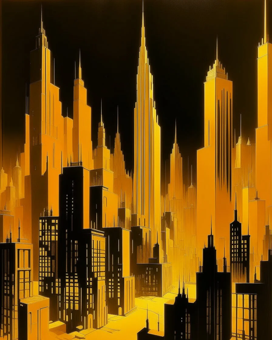 A golden megalopolis in luminous light painted by Lyonel Charles Feininger