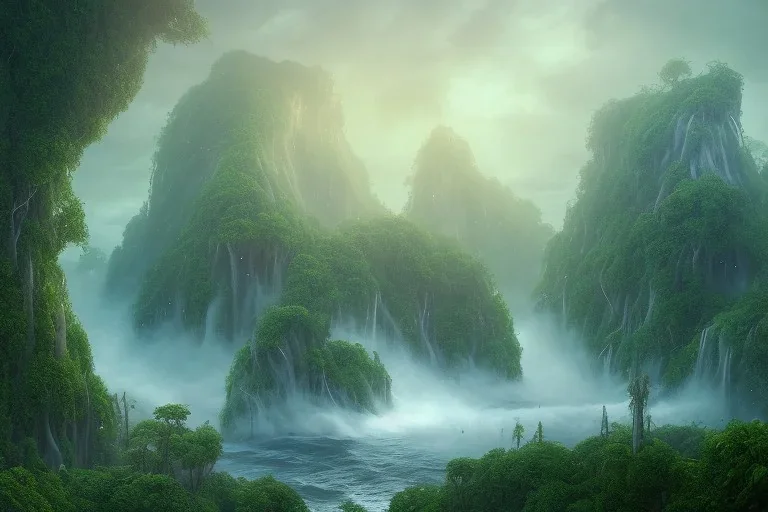 epic matte painting of misty tropical jungle island on stormy ocean, very lush, organic, vines, realistic shaded volumetric lighting, volumetric clouds, ecosystem, ancient, reflective water, intricate, fires, volumetric waves & smoke, randomly placed ground fog, spume, small minutiae, detailed roots, spindrift, tiny features, flowers, ripples, particulars, sharp lines, digital art, 8k, uhd, perspective ground level camera view, ambient occlusion, sunlight caustics, colorful, design by sam curry