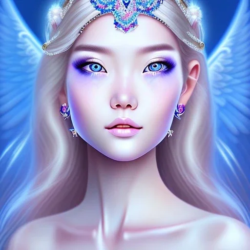 portrait of a beautiful mongolian woman with an angel face smiling,long blond hair, blue eyes, pink and blue dress, jewels, soft light aura