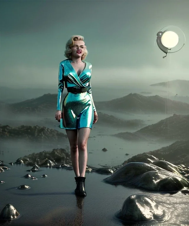 Ultra Realistic retro sci-fi 1960 scene, waist up view portrait, blonde woman, sweet young Marilyn Monroe face, perfect iris, tight latex coat, alien planet background, tight style, steel sphere dron levitating, fog, rain, soft color, highly detailed, unreal engine 5, ray tracing, RTX, lumen lighting, ultra detail, volumetric lighting, 3d, finely drawn, high definition, high resolution.