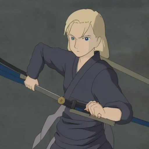 blond ninja boy with katana in black clothes