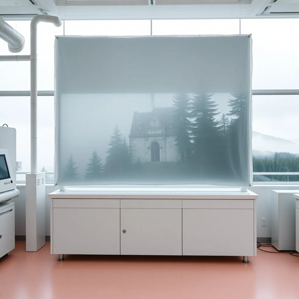 A Hasselblad H6D-400c photo of a laboratory with white structures and a large computer screen. A transparent tarpaulin covers an image resembling a ruined building. There is a group of fir trees in the background and a high hill in the distance. The surface below is in a pastel color. Fog is present.