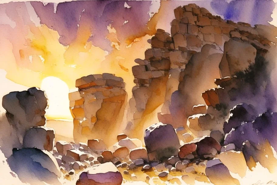 Sunset, rocks, mountains, rocky land, epic, john singer sargent watercolor paintings