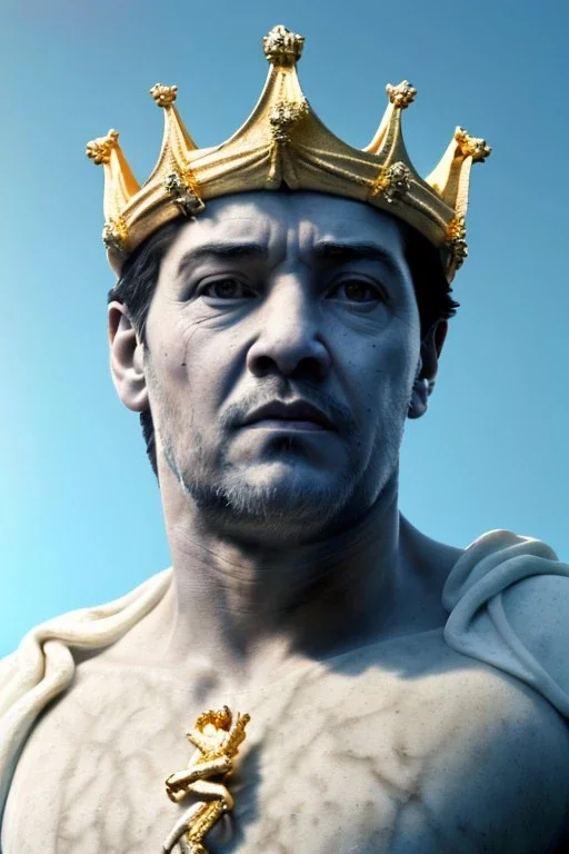 Ultra Realistic image, classic sculpture, white marble material, Maradona, gold crown of natural thorns, god crown, gold veins, gold ornaments, sun rays background, waist up portrait, epic, celestial, cinematic lighting, God lights, 4k resolution, smooth details, soft lighting, unreal engine 5, art station, substance 3d.