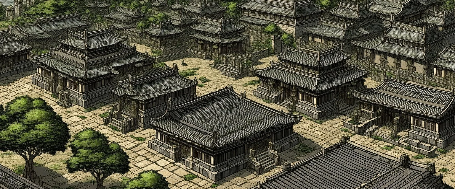 A dark brownish black Japanese village with a palace designed in ancient Roman mosaics
