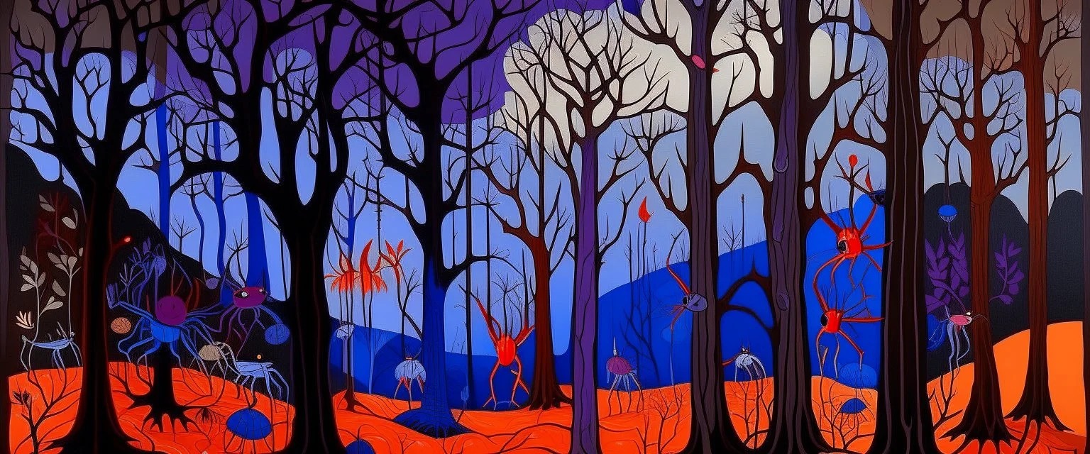 A violet haunted forest with lightning elemental beetles designed in Indian Gond art painted by Clyfford Still