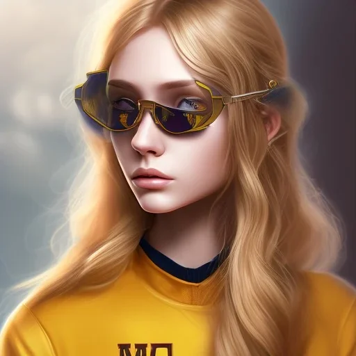 Girl with long wavy brown blond hair, yellow hawk eyes. Wears Hogwarts Hufflepuff uniform and sunglasses with a yellow clip.