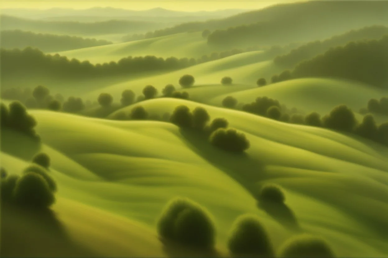 Drone view: in the style of Norman Rockwell, Caravaggio, and Steve Hanks, create a highly detailed evocative lush digital landscape featuring rolling foggy hills highlight light, shadows, and textures for added atmospheric effects.,