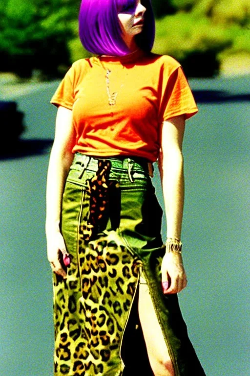 year 1996 denim fashion. Loose skirt, low waist. Combat pants and t-shirt. Colors: denim blue, blue, purple, cream, khaki, light green, lilac, plum, orange, terracotta, red, light yellow, pink, dark blue, beige. Latex in small part. Cheetah pattern. Gwen Stephani, Shirley Manson.Cargo pants