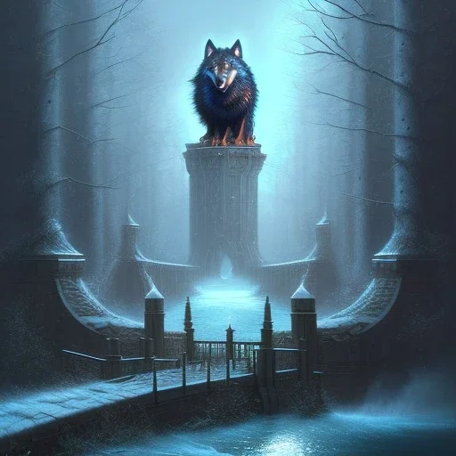 fantasy art, book cover, upper body of big shiny wizard with an axe in hand, in front of the ebony stairs of a bridge or dam ,icy water, on the bridge is a wolf, there is also a hawk sitting on his shoulder