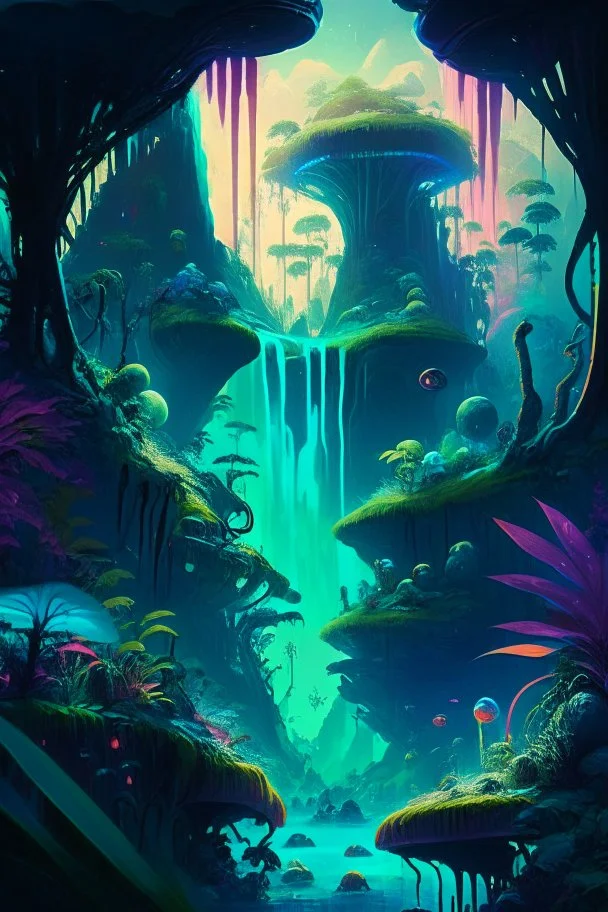 A fantastical landscape painting of a lush, alien jungle on a distant exoplanet, with bioluminescent plants, towering waterfalls, and an array of otherworldly creatures, executed in a rich color scheme and imbued with a sense of awe and wonder.