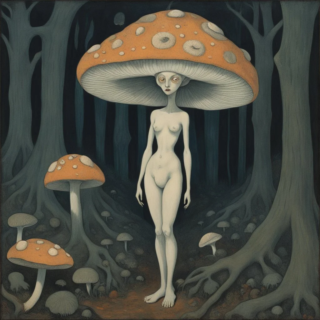 [art by Paul Sérusier] Malleus Maleficarum In the heart of a dark and spooky forest, a woman with big eyes, her head enclosed in a giant mushroom cap, stands trembling. She is clad in a full-body mushroom symbiote suit made of white mycelium, blending seamlessly with the eerie surroundings. Surrounding her are several giant mushrooms, their shapes resembling women, casting long, haunting shadows in the dim light of the forest.The woman's eyes dart nervously from one mushroom figure to anot