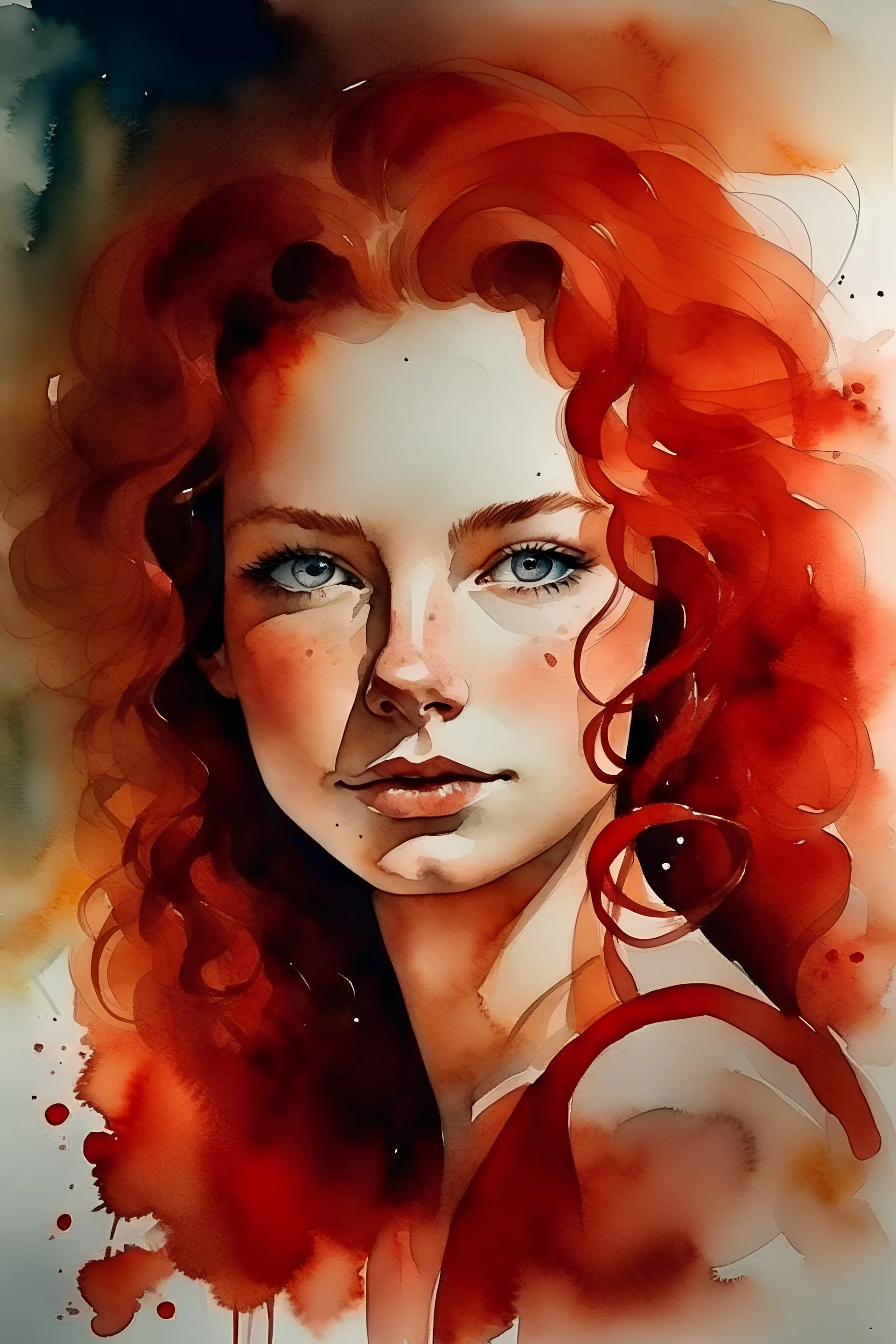 watercolor and ink portrait featuring a young woman with detailed light eyes and wispy red curls, in the style of hollywood glamour, precise and detailed brushwork on textured paper, confident expression with subtle mysterious sensual smile