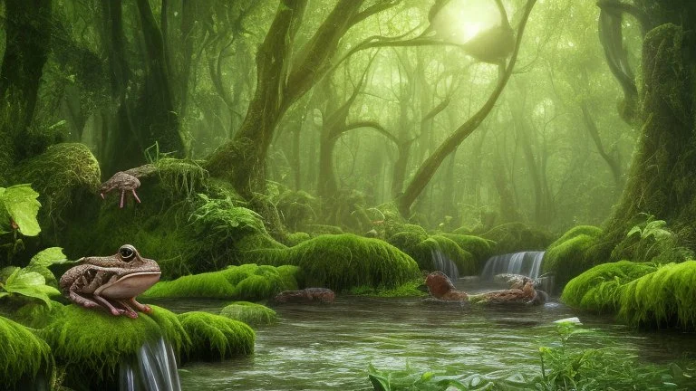 a brown frog with black stripes looking at a river running through a lush green forest, a picture by Jacob Willemszoon de Wet, shutterstock contest winner, ecological art, creative commons attribution, velvia, mobile game art