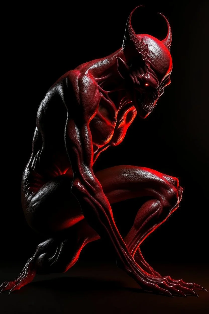 Realistic devil leaning forward at an angle facing left, posed as if over a shoulder, red skin, horror style, no other person.