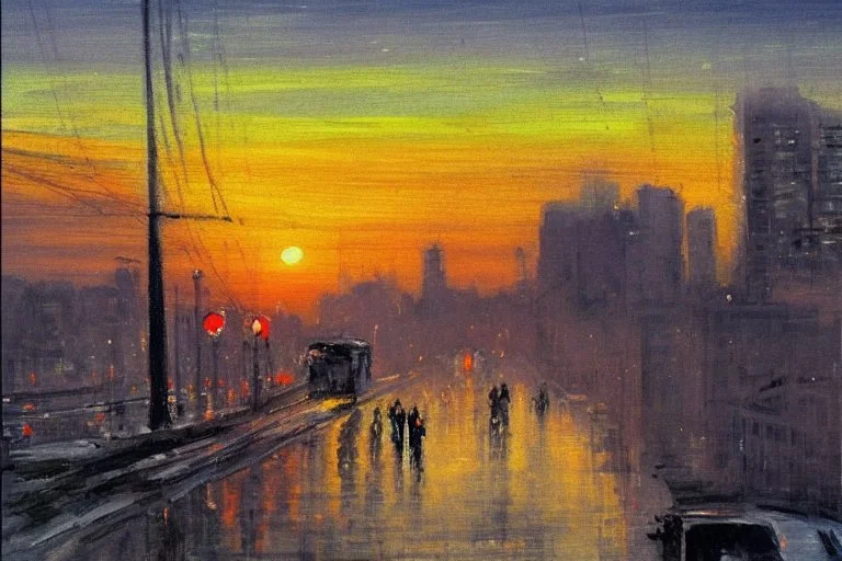 City, distant city, sunset, people, street, Street reflections, lesser ury impressionism painting