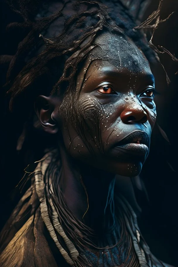 portrait of a bushmen woman, fractal, intricate, elegant, highly detailed, digital photography, subsurface scattering, cinematic lighting, by jheronimus bosch and james jean and greg rutkowski