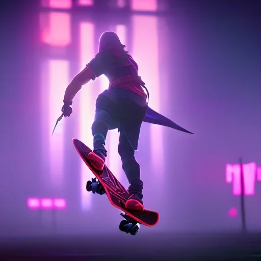 photo of a ninja riding a skateboard; in an alternate universe in tokyo; cyberpunk; realistic; rain; neon signs