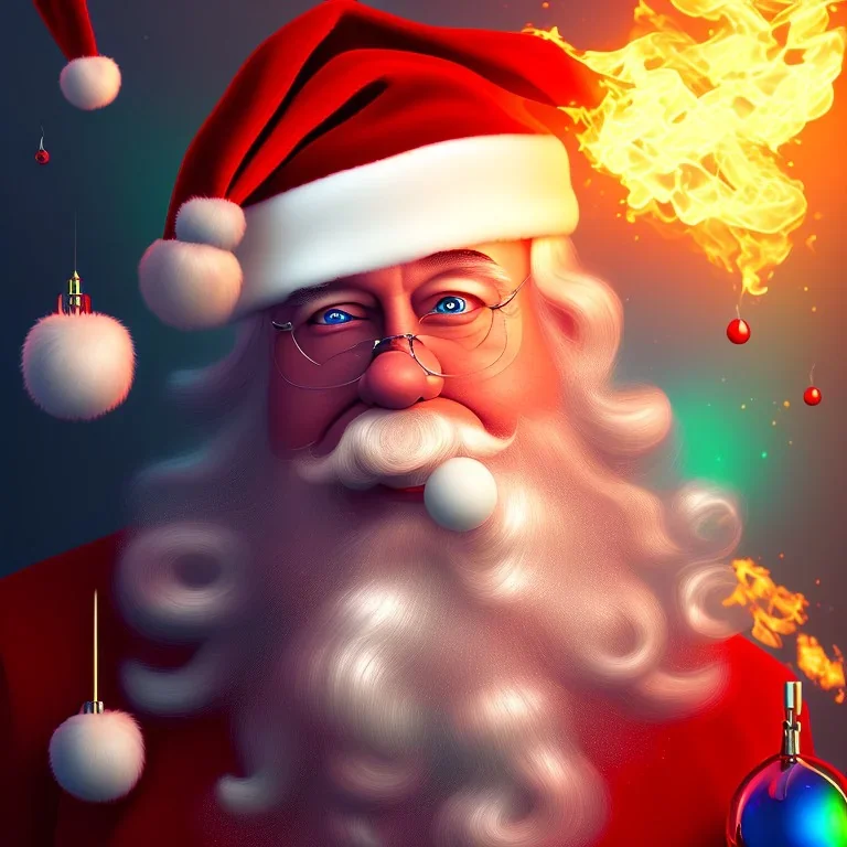 Santa, red green blue, high definition, ultra 8 k, liquid lighting, fire, rain, realistic