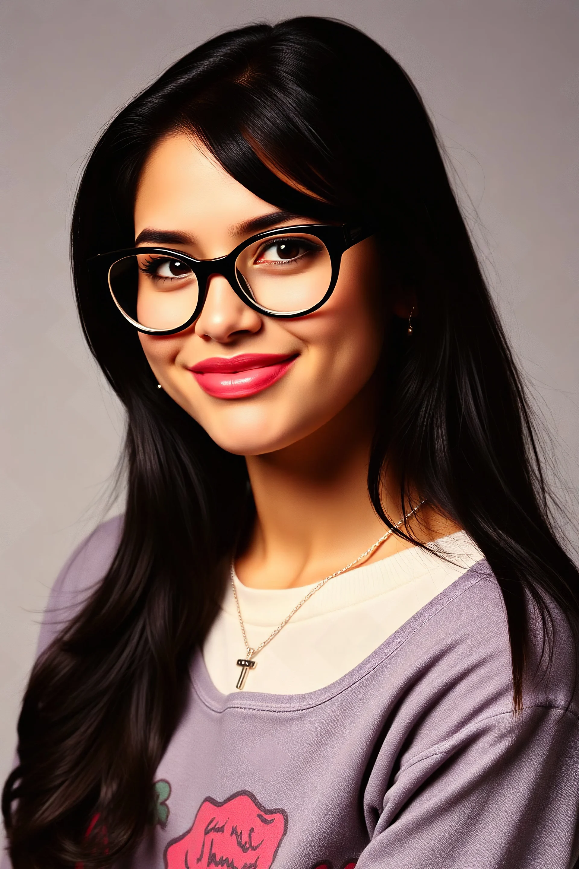 full color image, 1980's yearbook photo, girl, Selena Quintanilla, 24 years old, a sly, clever smile on her face, 1980's clothing and hair styles, 4k UHD, photorealistic, (big, full, plump, pouty lips:1.5) black hair, big cat-eye eyeglasses, full body, head to toe, full frontal