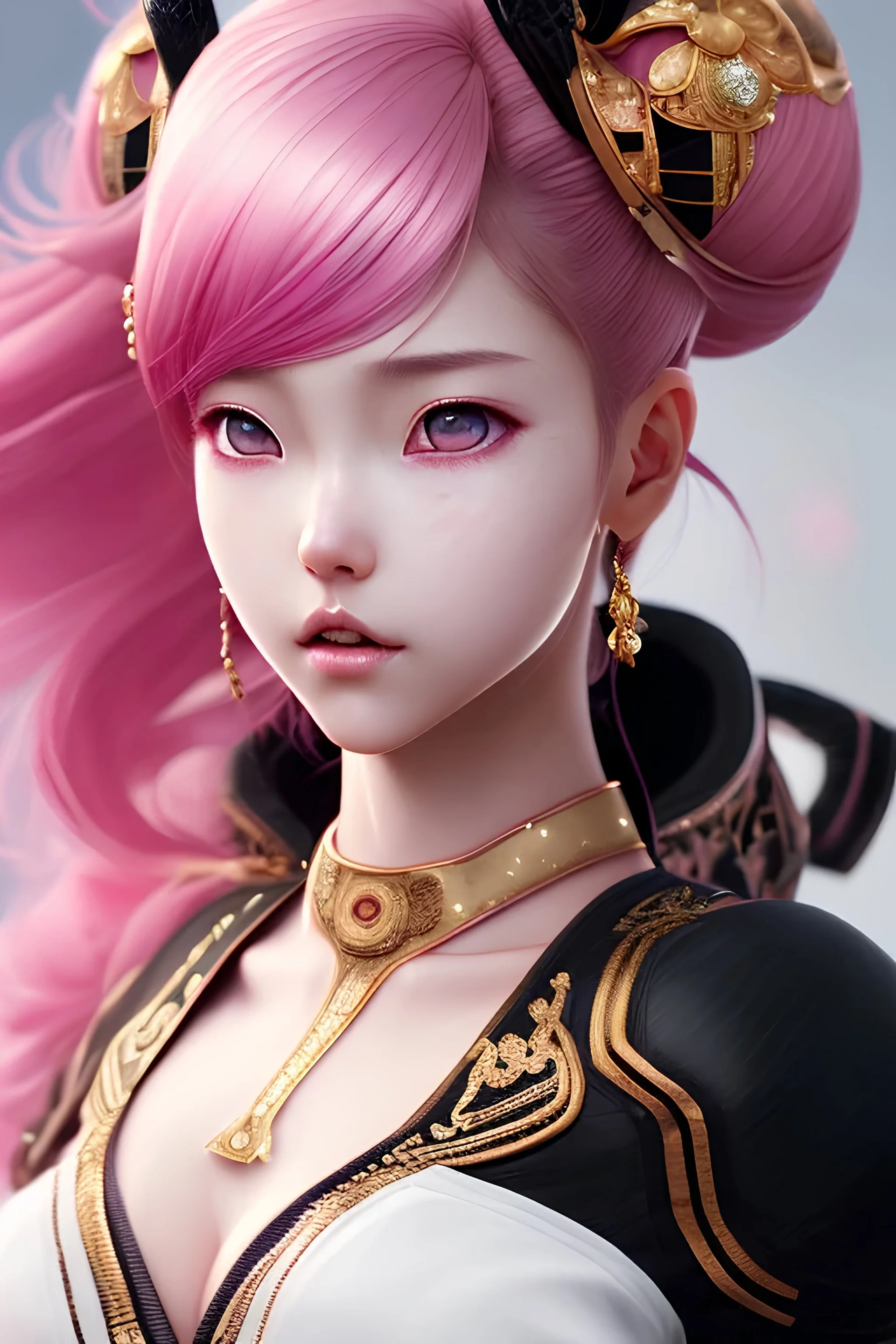 Detailed cute anime Kunoichi girl, pink hair buns, pink bangs, black latex bodysuit, intricate details, full body portrait, keep head in frame, slight smile, black Japanese motif, concept art, highly detailed, digital painting, concept art, sharp focus, illustration, art by Yoji Shinkawa, WLOP and greg rutkowski and alphonse mucha and artgerm and yanjun Chen and Junji ito and Makoto Shinkai, HDR, octane render