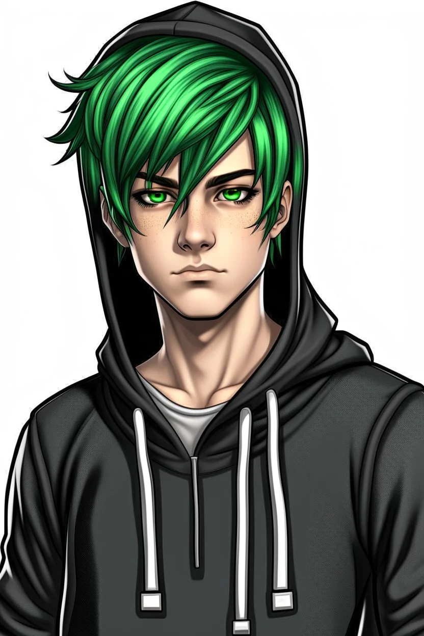 Anime young man with green hair wearing a black hoodie realistic