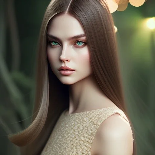 woman with Light-brown long hair, dark fantasy setting, ethereal, soft lighting, soft green-brown eyes, big cheeks, big forehead ,wide chin,