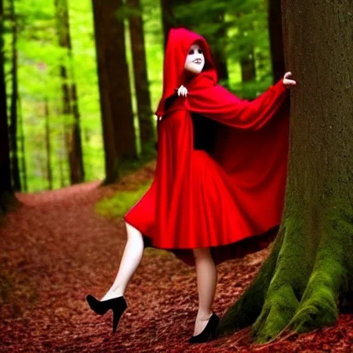 gorgeous, flirty red riding hood in the woods