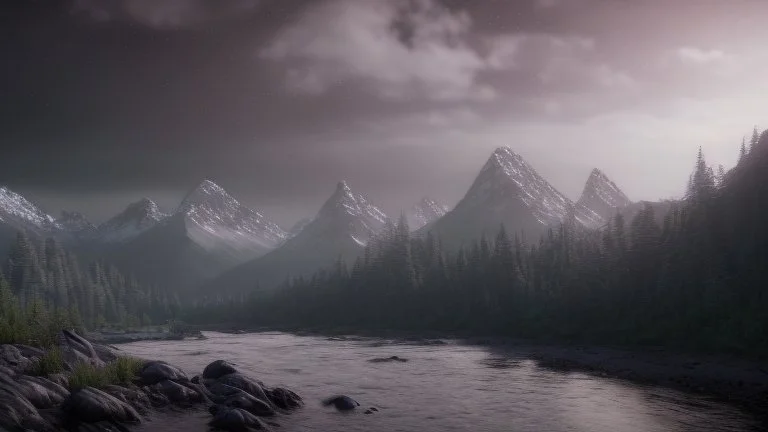 Cloudy dark sky, Distant epic mountains, river, rocks, trees