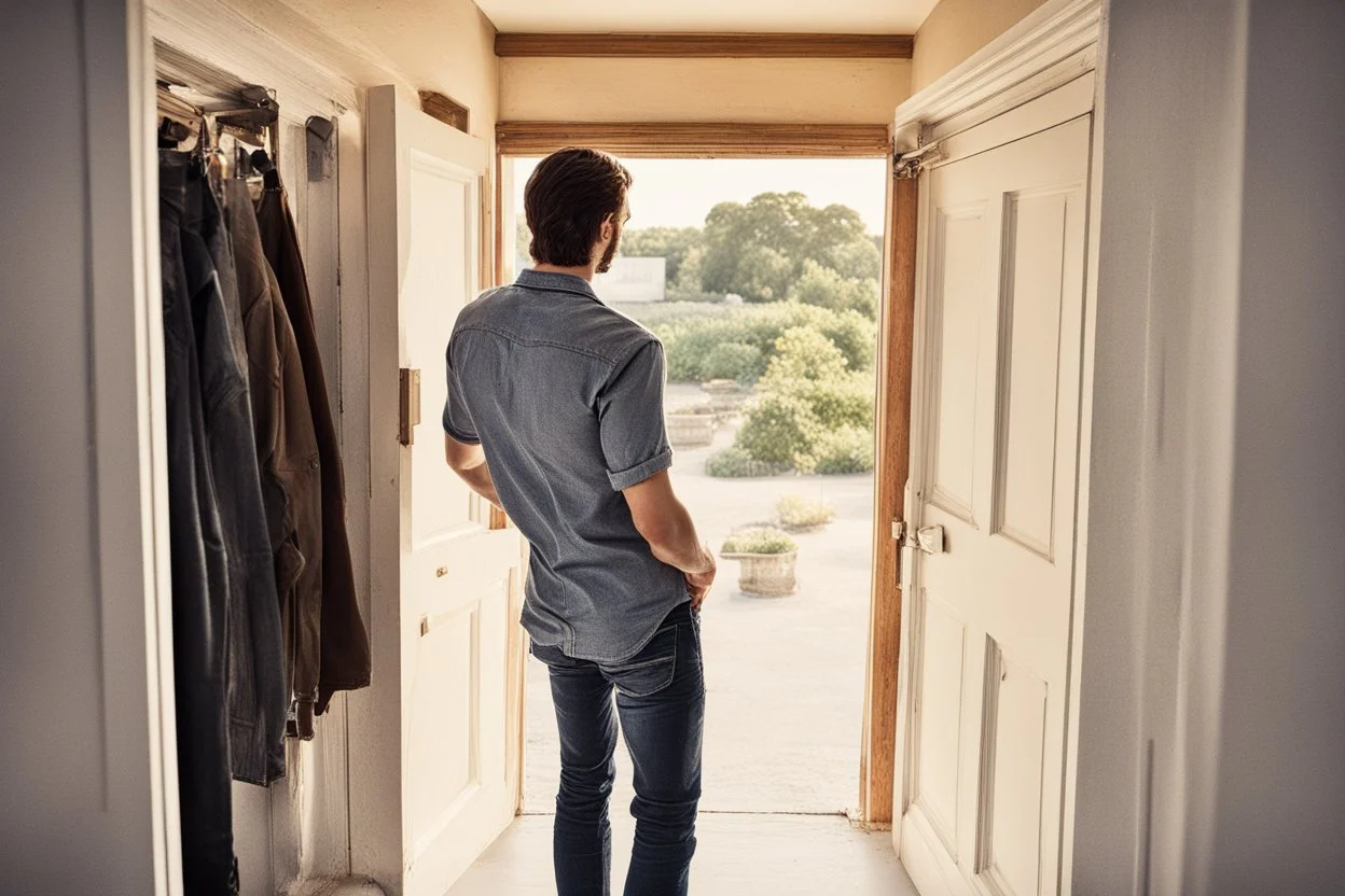 man in jeans and a shirt, back to the camera, standing in a row of doors, looking out through a doorway