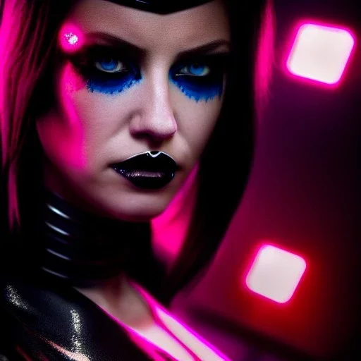 portrait, beautiful punk busty female Cyborg, intense stare, sad eyes, post-apocalyptic in a cyberpunk city,minimal skintight latex dress, bladerunner, realistic, intriacte detail, sci-fi fantasy style, volumetric lighting, particles, highly detailed ,cinamatic , deep colours,8k, in the style of Kaare Andrews