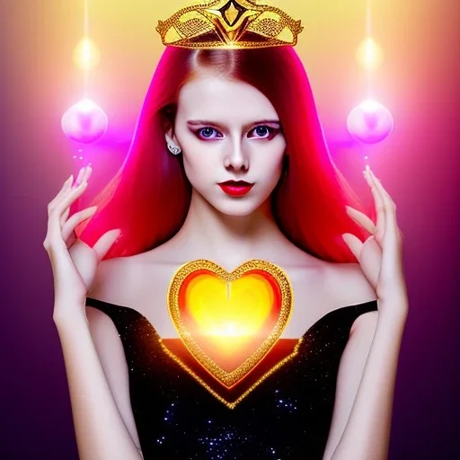 Attractive young teenage girl with golden red hair wearing a gold tiara, who is dressed like a witch casting a spell holding a red heart gem, she has cat ears and open dazzling blue eyes, in the background there are abandoned pillars, the girl is on a planet, black black girl dress, full body portrait, arm colors gradient effect into stars, rendered, unity 3d, unreal engine, dslr, hdr, 4k, edited, photorealistic, normal number of appendages, freckles, artists render