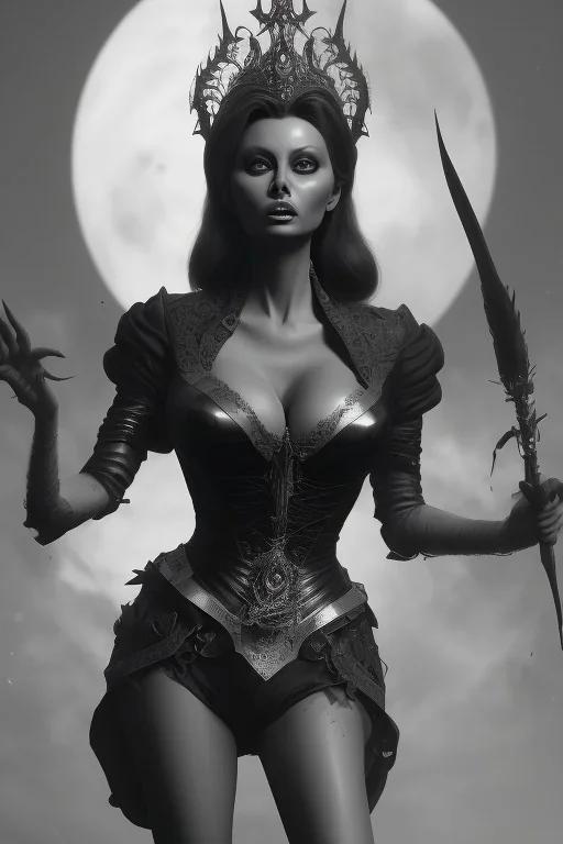 Sophia Loren as evil queen in black leather, cleavage, angry, stern look. character design by cory loftis, fenghua zhong, ryohei hase, ismail inceoglu and ruan jia. unreal engine 5, artistic lighting, highly detailed, photorealistic, fantasy