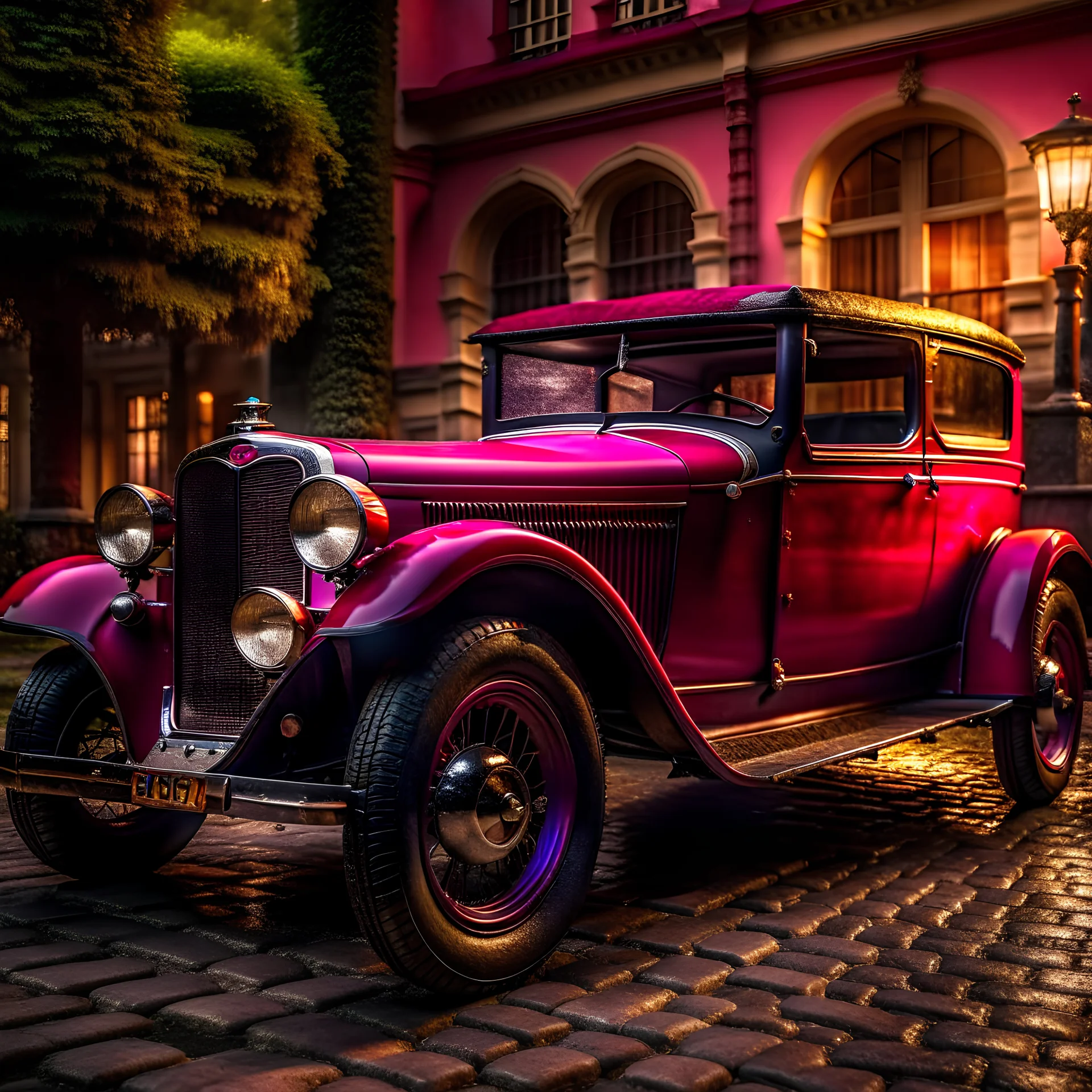 an oldtimer Ford model A from 1931 with a spare tire at the back, high bodywork dark red color drives on an old-fashioned square with mansions on either side, Award winning photography illustration dynamic lighting 8k, award winning fantastic view portrait, colourful Nikon850