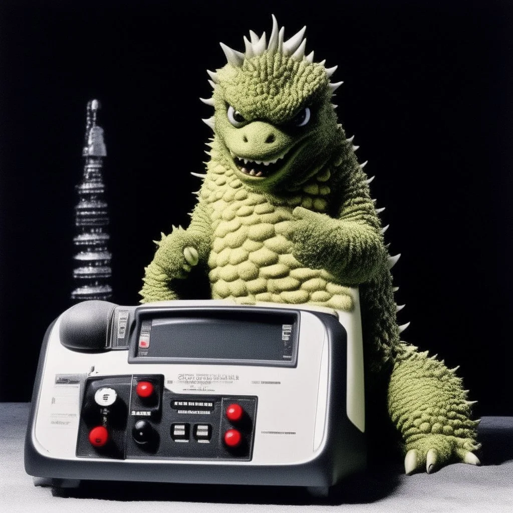 Godzilla as a baby muppet kawaii calling phone using a cellphone nokia, studio photo. Magazine 1980