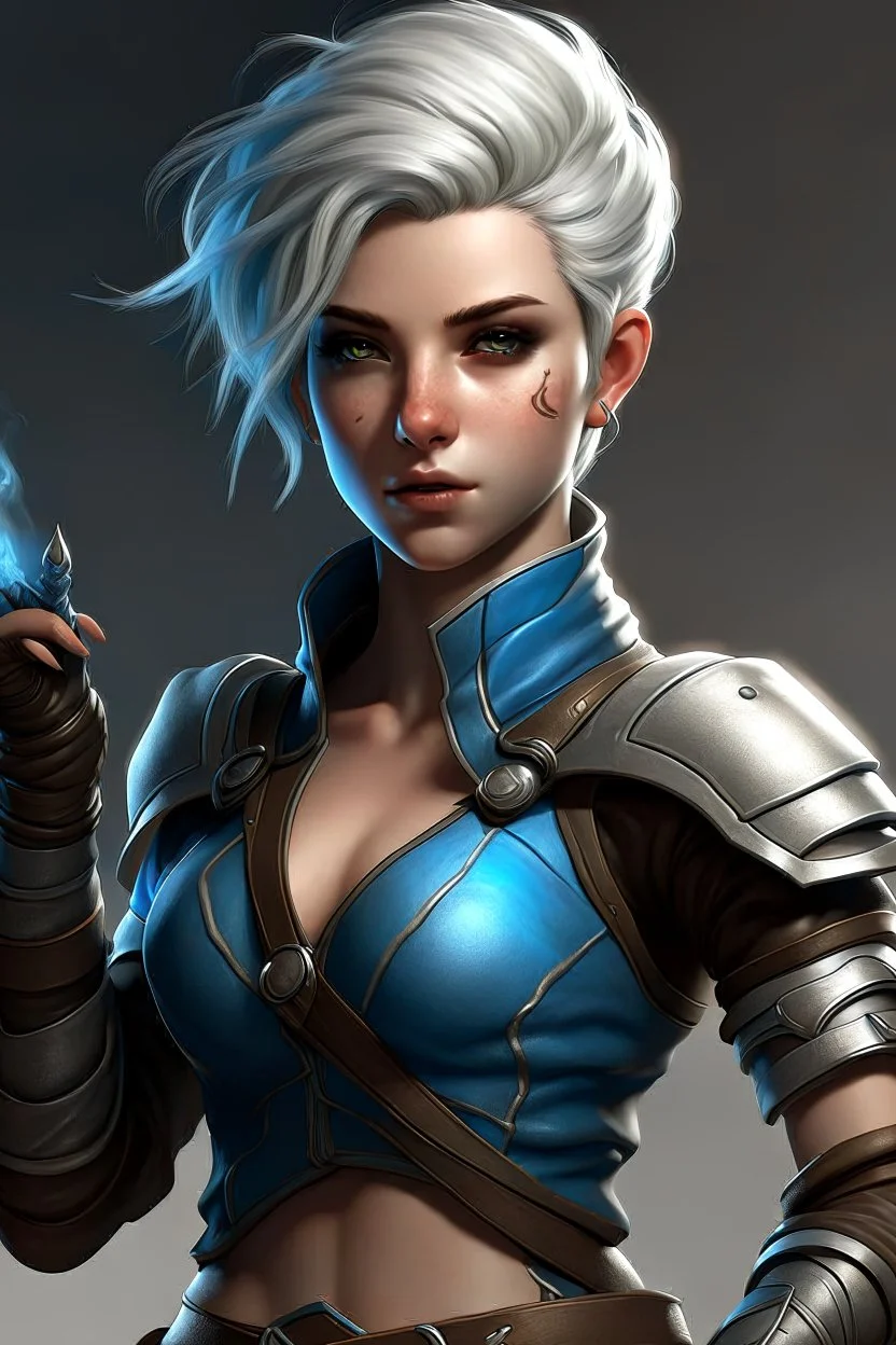 create a female air genasi from dungeons and dragons, dark gray short hair, light blue eyes, wind like hair, wearing hot leather clothing, realistic, from waist up, digital art, high resolution, strong lighting