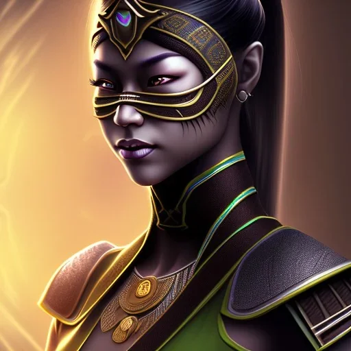 jade, mortal kombat, face, smile, dark skin color, dark ninja mask, black hair, brown eyes closed, woman