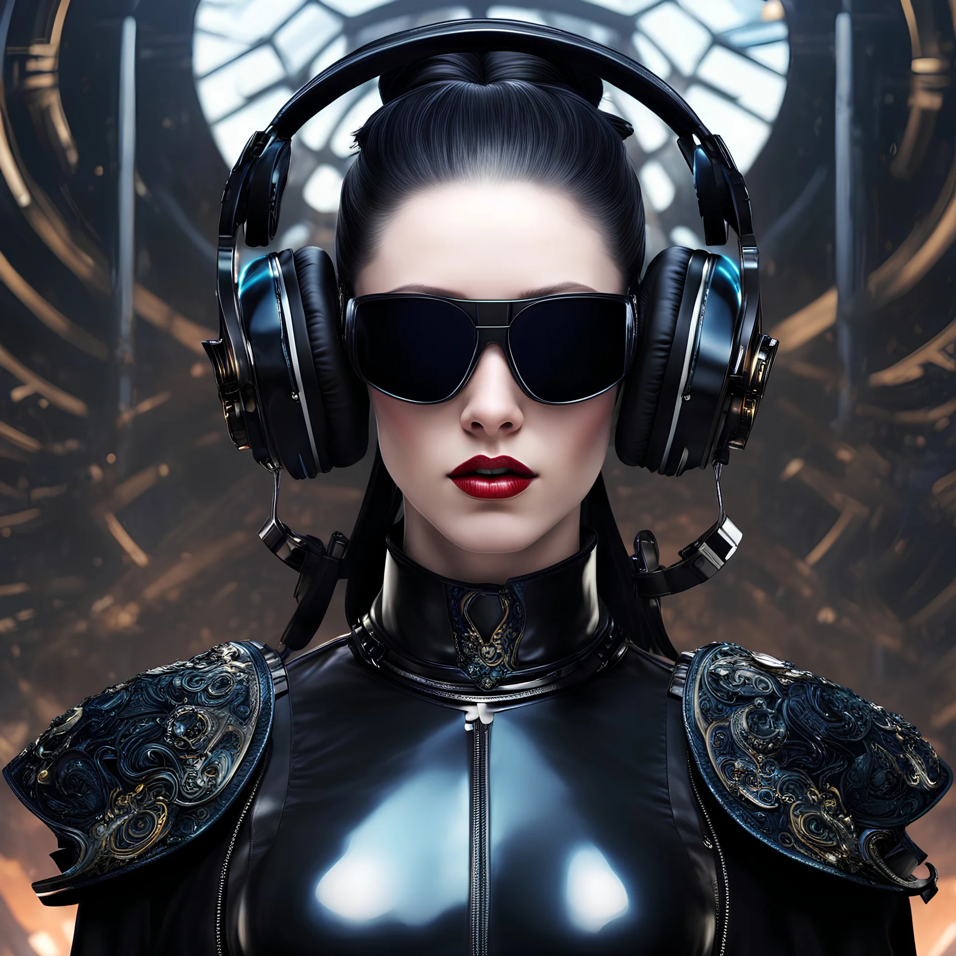 woman, female, pale skin, headphones, dark straight hair, massive ponytail, bang, implants, googles sunglasses opera mask, huge cervical collar shackle, leather, vinyl+fabric lacquer wear,sci-fi, mystic, decay, oil, glitch, optical illusion, fractal, intricate, coal, ink, ash, holography, gradients, noise texture, cyber, technological, bionic, hyper realistic, high quality, high resolution, 4k, raw, iso 100, photography, fashion, lifestyle, sharp, ampir, art deco style